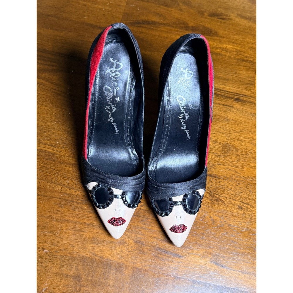 Alice + Olivia Black and Beige Embellished Face-Detail Pumps with Red Accent